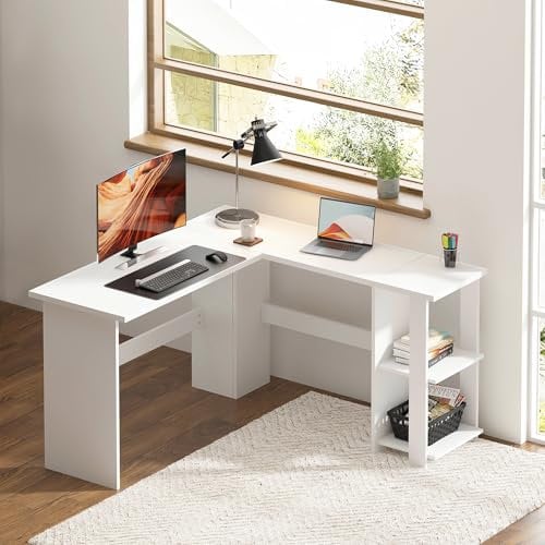 SogesHome Scrivania Angolare grande con 2 Ripiani Scrivania per Computer a Forma L Tavolo PC Robusto Postazione di Lavoro per Casa Ufficio Studio,130 cm x 136 cm