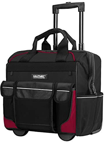 HAUTMEC 14.5 Rolling Tool Bag with Wheels, 25-Pocket Portable Tool Box Organizer with 600D Water-Resistant Fabric, Wide-Mouth Design, Oversized Wheels & Telescoping Handle - HT0179