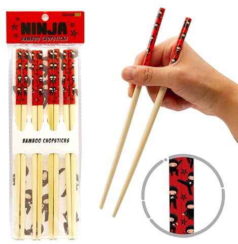 GAMAGO Ninja 2 Bamboo Chopsticks Set – 4 Pair of Adorably Cute Reusable Chop-Sticks - Easy Grip, Lightweight, Durable, 9.25 Inches