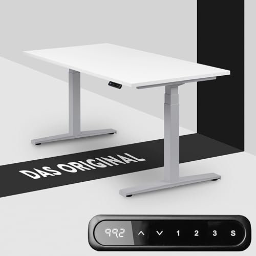 boho office® Höhenverstellbarer Schreibtisch 180 x 80 cm - Elektrisch stufenlos, inkl. Wireless Charger, Memoryfunktion, Kollisionsschutz - Basic Line Silber inkl. Tischplatte in Weiß