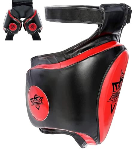 ZHONGLE Oberschenkelpolster Muay Thai, Oberschenkel-Sport-Protektor-Pads Max Thick 10,2 cm, Muay Thai Oberschenkelschoner Kick-Pads, Kicking Beinpolster für Muay Thai, UFC (Black+red/Right Leg+)