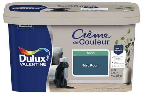 Dulux Valentine Crème de Couleur - Peinture multi-supports intérieure - Satin Bleu Paon 2,5 L