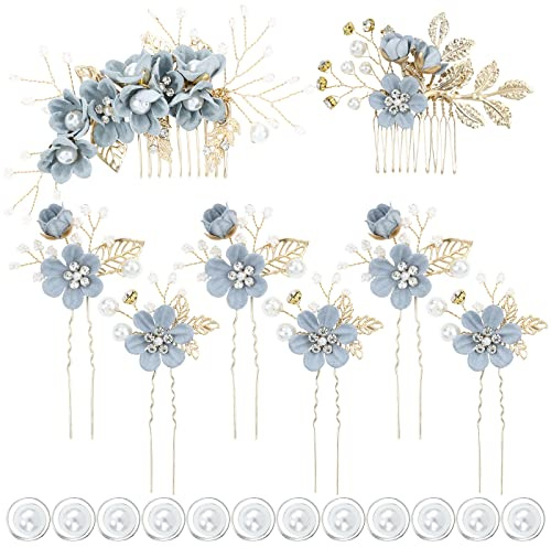 inSowni 20 Pack Classy Dusty Blue Flower Bridal Wedding Hair Side Combs+Floral Hair Pins+Twist Spiral Pearl Hair Pins Clips Pieces Formal Prom Headpieces Accessories for Brides Bridesmaids Women Girls
