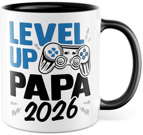 Tasse Vater, Level up - Papa 2026 Geschenk werdender Papa Geschenkidee Vaterschaft Kaffee-Becher Kaffetasse mit Spruch Gaming Teetasse Motiv Gamer zukünftiger Vater Geburt