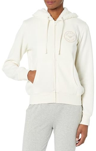 Emporio Armani Women's Full Zip Hooded Jacket Fuzzy Fleece, Pale Cream, Medium