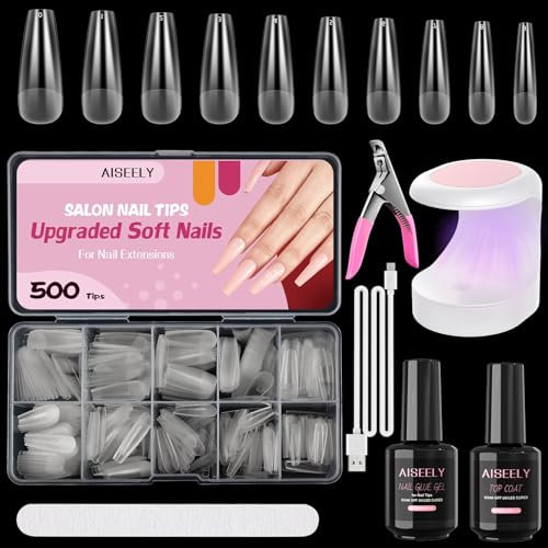 Capsule Americaine Ongle Kit, AISEELY Faux Ongles Capsule Ongle Transparents, 500 Capsules Artificiels Avec Lampe LED et Colle à Ongles 4 en 1, 15ml Top Coat, DIY Nail Art Tools Gel Nail Kit