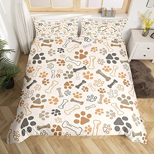 feelingyou Dog Paw Print Duvet Cover Set S-King Size,Bone Puppy Pets Animal Themed Comforter Cover with 2 Pillowcases,Beige Cute Cartoon Design Breathable Quilt Cover for Adult Women Gift,3pcs