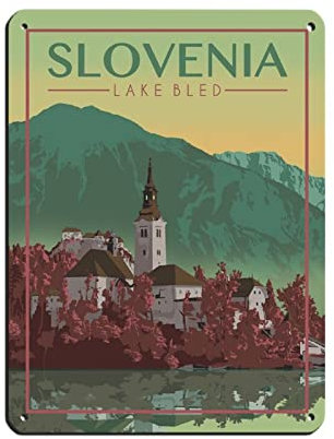 Oudrspo Vintage Travel Poster Slowenien Lake Bled Retro Poster Metallblechschild Retro Eisenmalerei für Bar Mann Höhle Café Familie Garage Poster Wanddekoration 30,5 x 40,6 cm