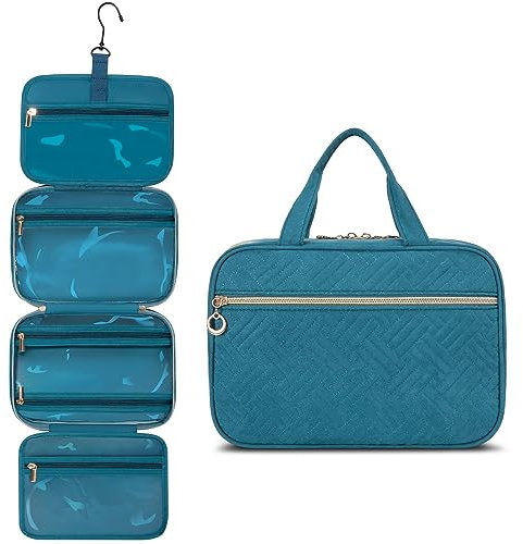 Kulturtasche Damen, LOVEVOOK wasserdichte Kulturbeutel zum Aufhängen, Faltbare Waschtasche Kosmetiktasche Groß mit 360°Drehbare Haken, Waschbeutel für Damen Blau