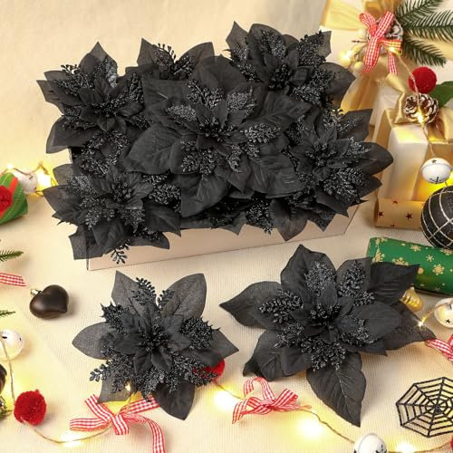 Alupssuc 24 Stück Künstliche Weihnachtsblumen Dekorationen Weihnachtsstern Glitzer Hochzeit Weihnachtsbaum Neujahr Ornamente mit Clip und Stab,Schwarz