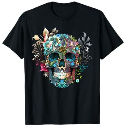 Bunter Mexikanischer Totenschädel Muster Blumen Halloween T-Shirt