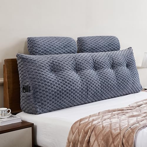 Wedge Headboard Pillow Queen- Bed Wedge Pillow for Headboard Triangular Headboard Pillow with Neck Roll Pillow-Large Bolster for Sitting in Bed Backrest Positioning Support (Grey,59x8x20 Inches)