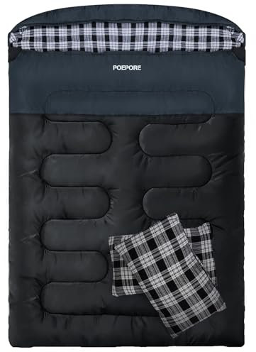 Poepore Doppelschlafsack Flanell für Erwachsene Deckenschlafsack Baumwolle 2 Personen Winter mit 2 Kissen und Tragetasche für Outdoor Camping Wandern 233 * 157CM Dunkel Grau