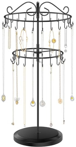 iDavosic.ly Support rotatif à 2 niveaux en métal extra haut avec 42 crochets, support de bijoux réglable de 43,2 cm, tour de rangement pour femmes et filles, noir