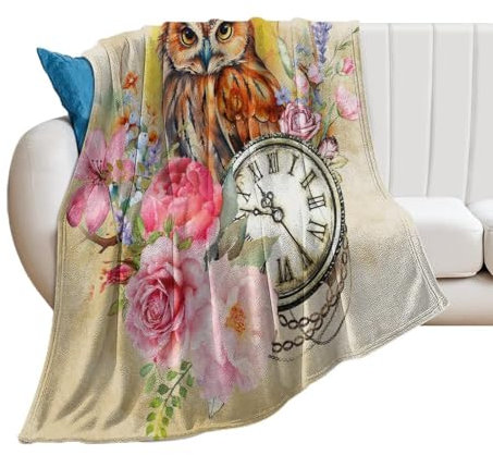 COALHO Moderne Aquarell-Decke mit Frühlingsblumen, superweicher Flanell-Überwurf, rustikal, abstrakt, ästhetisch, Wald, Wildtiere, Eule, Rose, Druck, Überwurf, weiche, gemütliche Bettwäsche,
