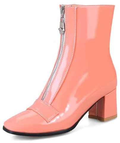 MJIASIAWA Damen Lack Chelsea Stiefeletten Square Toe Winter Mode Hohen Blockabsatz Elegant Hochzeit Party Reißverschluss Stiefeletten Schnalle Pink Gr 34 Eu