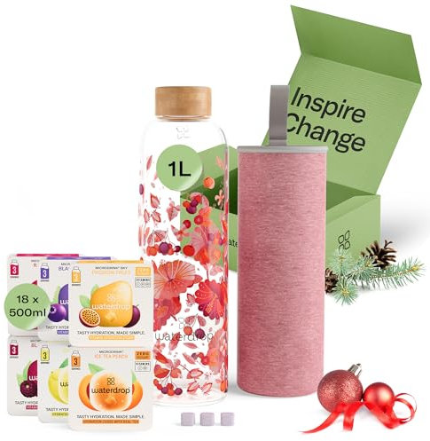 waterdrop® Coffret Dégustation Verre - Bouteille en Verre 1L + 18 Cubes à Boire en 6 Saveurs, Boisson en Cube avec Vitamine C & Vitamine B, Sans Sucre, Gourde d'Eau, Coffret Cadeau Femme & Homme