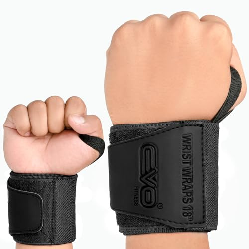 EVO Fitness Handgelenk Bandagen Zughilfen Krafttraining Paar 18'' Deep Black für Gewichtheben, Unterstützen Elastische Baumwollgurte, Daumenschlaufe, Lifting straps, Bodybuilding, Krafttraining