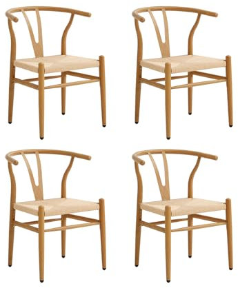 GrandCA HOME 4er-Set Esszimmerstühle,Gewebte Küchenstühle mit Rattan-Sitzkissen und Metallbeinen,Vintage-Stühle für Küche und Esszimmer, Eiche