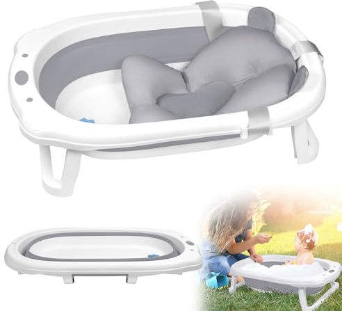 TRMLBE Vasca da bagno pieghevole 82 x 50 cm, in PP+PTE antiscivolo, salvaspazio, pieghevole, per neonati e bambini (grigio, con cuscino per seduta)