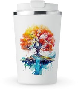 MAXIKIWI - Tasse isotherme à double paroi en acier inoxydable étanche avec couvercle, garde les boissons chaudes et froides - Aquarelle arbre de vie - 350 ml