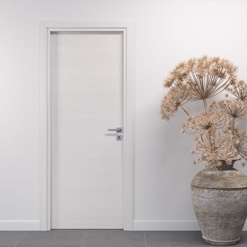 Porte Italiane, Puerta interior batiente de laminado de alta densidad, marco de madera y tapas de cables impermeable, con cerradura y tirador Hoppe Silver, 90 x 210 cm con apertura DX, color blanco