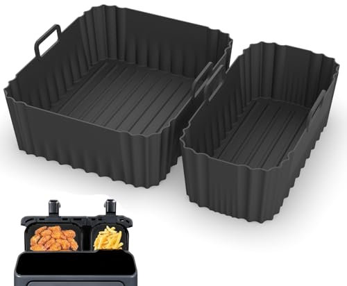 2Pack Reusable Air Fryer Silicone Liners for Tefal Easy Fry 5.2L/3.1L, Tower T17099 5.2L/3.3L, Salter 5.5L/3.5L, Lakeland 5L/3L, Two Sizes Airfryer Trays, Large&Small Dual Drawer Air Fryer Accessories