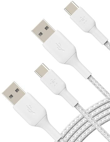 Belkin BoostCharge Braided USB-C to USB-A Charging Cable (3.3ft/1M) for iPhone 16 Series, Samsung Galaxy S24 Series, Google Pixel 9 & 8, iPad Pro, Nintendo Switch, Carplay, & More - White (2-Pack)