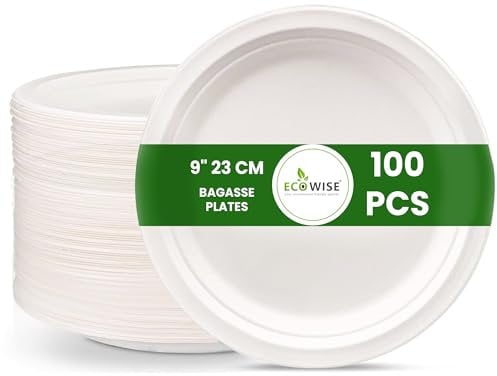 EcoWise 100 Disposable Bagasse Plates - 9 Inch Eco-Friendly Sugarcane Fibre Compostable White Paper Plates - Microwave-Safe Natural Party Plates for Hot & Cold Food