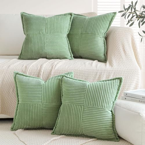 Sungeek 4er Set Kordsamt Kissenbezüge, Dekorativ Zierkissenbezüge Weich Kissenbezug Dekokissen Sofakissen Couchkissen Kissenhülle Deko Bezug für Sofa Schlafzimmer Wohnzimmer (Salbeigrün, 45x45 cm)