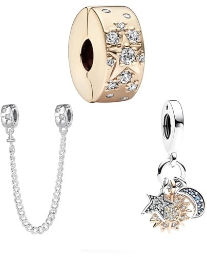 Doyafer Argento Sterling 925 Oro Rosa Stelle, Luna, Sole Catena di Sicurezza Stringa Bracciale con Ciondoli Ciondolo con Perline da Donna Regalo di Compleanno Gioielli Confezione da 3