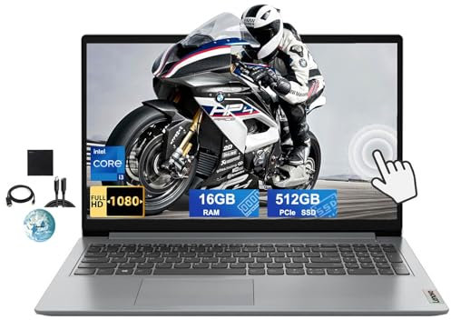 Lenovo Ideapad, Touchscreen FHD da 15,6, Intel 6-Core i3-1215U (fino a 4,4 Ghz), RAM 16 GB, SSD PCIe da 512 GB, Bluetooth, Wi-Fi6, USB, lettore di schede SD, webcam, Win 11 S, Gary con accessori