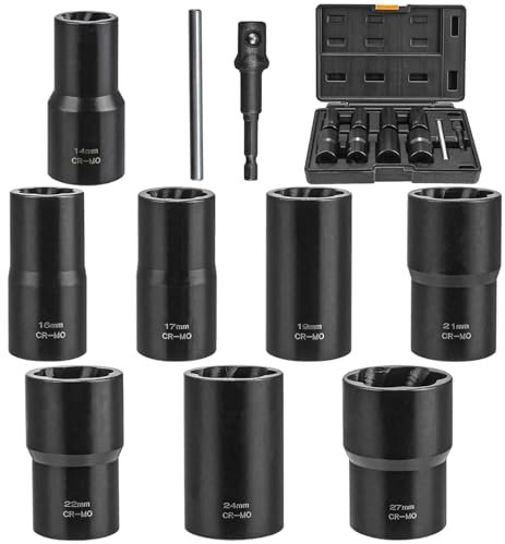 CKductpro Locking Wheel Nut Removal Tool Bolt Extractor Set 10Pcs 1/2” Drive Twist Socket Set Lug Nut Remover Socket Tool for Removing Damaged, Rusted, Rounded-Off Bolts, Nuts