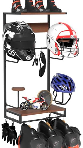 GHWMYD Porte Casque Moto Mural, support mural rétro avec 2 planches en bois, 4 supports de casque pour gilet tactique, casque, plaque, moto, football et équipement de cyclisme