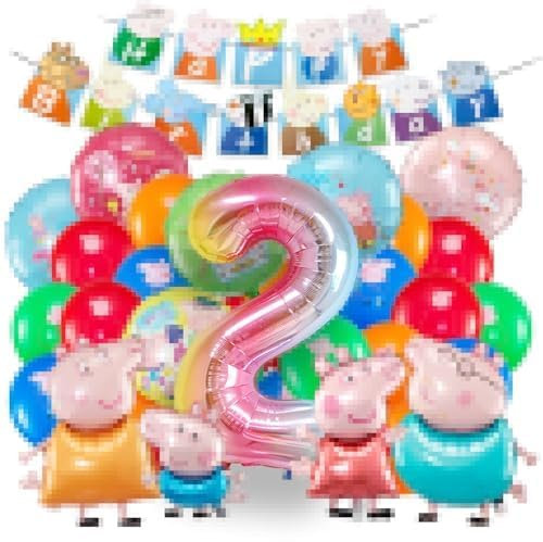 luftballon 2. peppa wutz geburtstag | geburtstagsdeko Mädchen junge 2 jahr, Happy Birthday Dekoration Banner Karikatur Luftballons deko