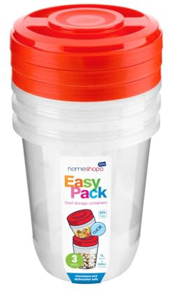 HOMESHOPA Round Plastic Food Storage Containers, Red 3 Pack 1 Litre Screw & Seal Lids BPA-Free Stackable Leak-Proof Airtight Canisters, Microwave and Dishwasher Safe