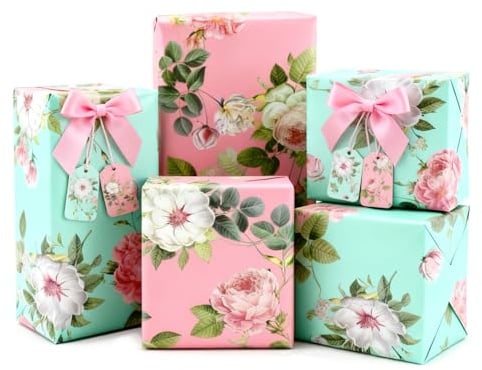 Jaitdne Flower Birthday Wrapping Paper Female Birthday Paper 6 Sheets | Gift Wrap with Gift Tags, Floral Wrapping Paper Sheets, Beautiful Gift Wrapping