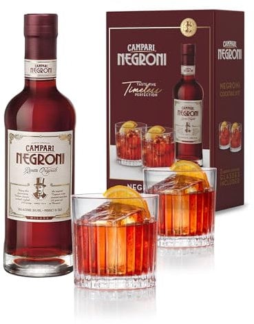 Campari Negroni Geschenkset – 1x 0,5 l Campari Negroni im Set mit 2 Gläsern – italienischer, servierfertiger Pre-Dinner Cocktail