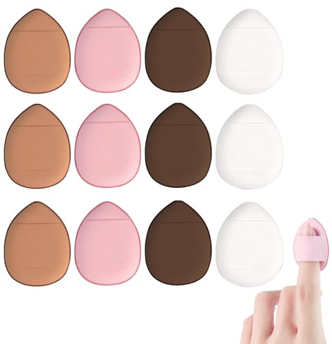 Pack of 12 Sponges Powder Puff with Finger Holder, Finger Powder Puff, Mini Finger Tassel, Triangle Wet Dry Make Up Tool for Wet Dry Foundation Cosmetics Loose Powder Concealer