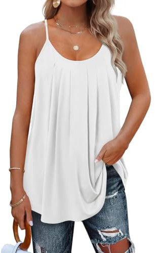 SENBATU Camiseta sin Mangas para Mujer con Tirantes Finos, sin Mangas, para Verano, Blusa Plisada con Cuello Redondo Liso Blanco Medium M 38-40