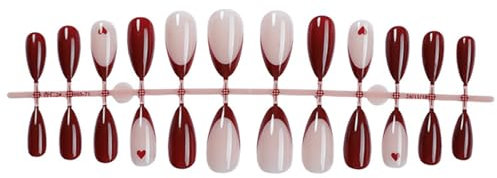 Valentine's Day French Tips Press On Nail Short Almond Heart Pattern Full Coverage Nail Stick On Nail 24pcs
