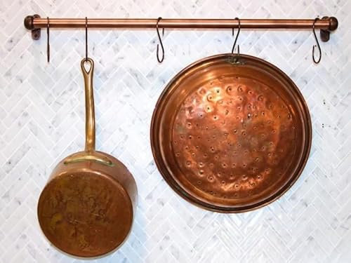 Copper Pot Rack Wall Mount for Kitchen with S Hooks - Brass Pot Rack Rustic Wall Mounted -Pan Rack Hook- Brass Hanging Rack (44 Inches)