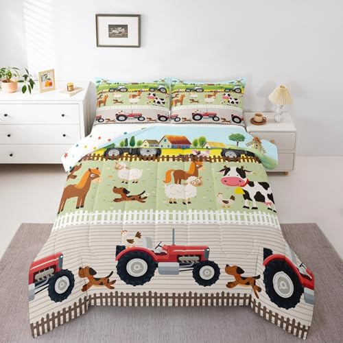 Feelyou Traktor-Bettwäsche-Set, Kleinkind-Größe für Kinder, Jungen, niedliches Cartoon-Bauernhoftiere-Bettwäsche-Set, Mädchen, Bauernhaus, Landhaus-Daunendecke für alle Jahreszeiten, buntes Raumdekor,