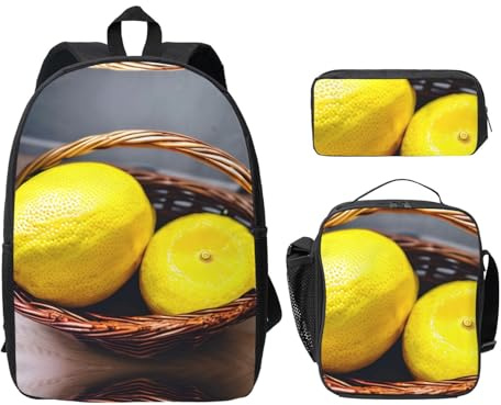 MDATT Ein Korb Zitronen-Rucksäcke mit Lunchpaket, Federmäppchen, leichte Büchertasche für Camping-Ausflüge, Schwarz , Einheitsgröße, Taschen-Organizer