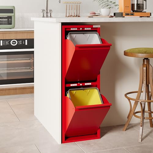 VEEHAUS Poubelle de cuisine pour une utilisation polyvalente avec rabats en acier inoxydable Poubelle élégante pour un rangement efficace et pratique Rouge (2 x 15 LT - 30 LT)