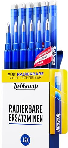 LIEBKAMP Radierbare Ersatzmine blau 0,7mm [12 Stk] Für Radierbarer Kugelschreiber, Tintenroller Radierbar, Radierstift, Erasable Pen, Gelschreiber Radierbar