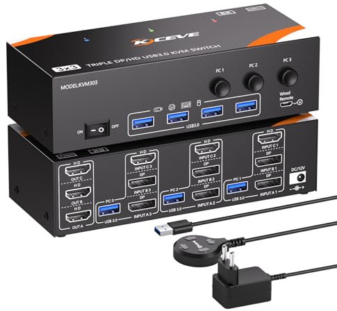 Conmutador KVM 8K@60Hz 3 PC 3 Monitores, Conmutador KVM Triple Monitores 4K@144Hz para 3 ordenadores que comparten 3 monitores y 4 dispositivos USB 3.0, incluye fuente de alimentación