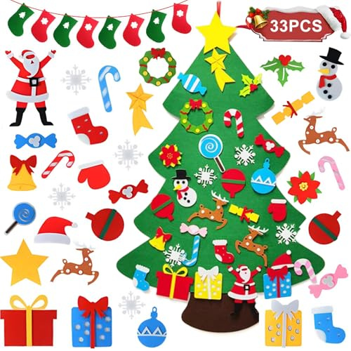 Filz Weihnachtsbaum, 100cm DIY Filz Weihnachtsbaum Set Für Kinder, Weihnachten Dekoration Hängendes Dekor Mit 33 Abnehmbaren Hängenden Ornamenten Und Banner, weihnachtsbaum Für Home/Wand Hängend Dekor