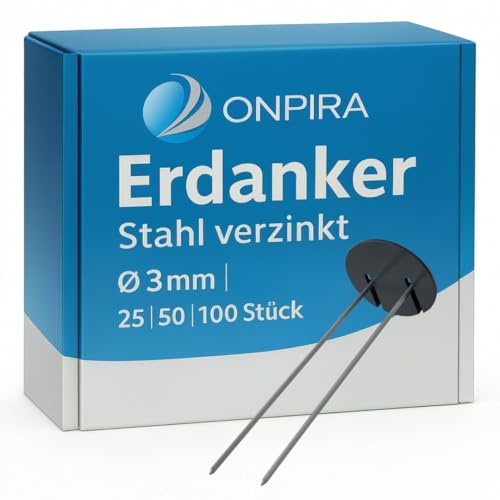 Onpira® Erdanker mit 50 mm Pufferscheibe, 150x30 mm, Ø 3 mm verzinkt – 50 Stück Bodenanker für Unkrautvlies, Gartenvlies & Netze – stabile U-Form Erdnägel für Garten, Gewächshaus & Befestigung
