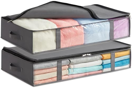 Lifewit 2 Stück 65L Unterbett Aufbewahrungsbox, Faltbare Unterbettkommode | Aufbewahrungstasche Storage Boxes mit Deckel, Unterbett Aufbewahrung für Kleider Unterbett Kleiderschrank, Grau